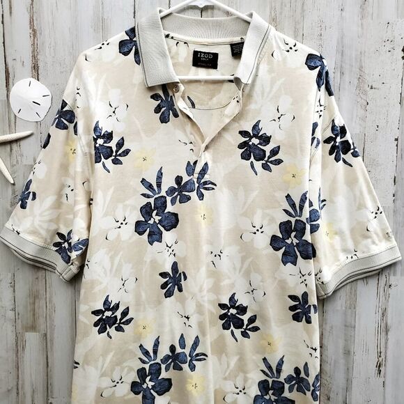 Izod Polo Shirt Floral Tan Size Large - Picture 10 of 11